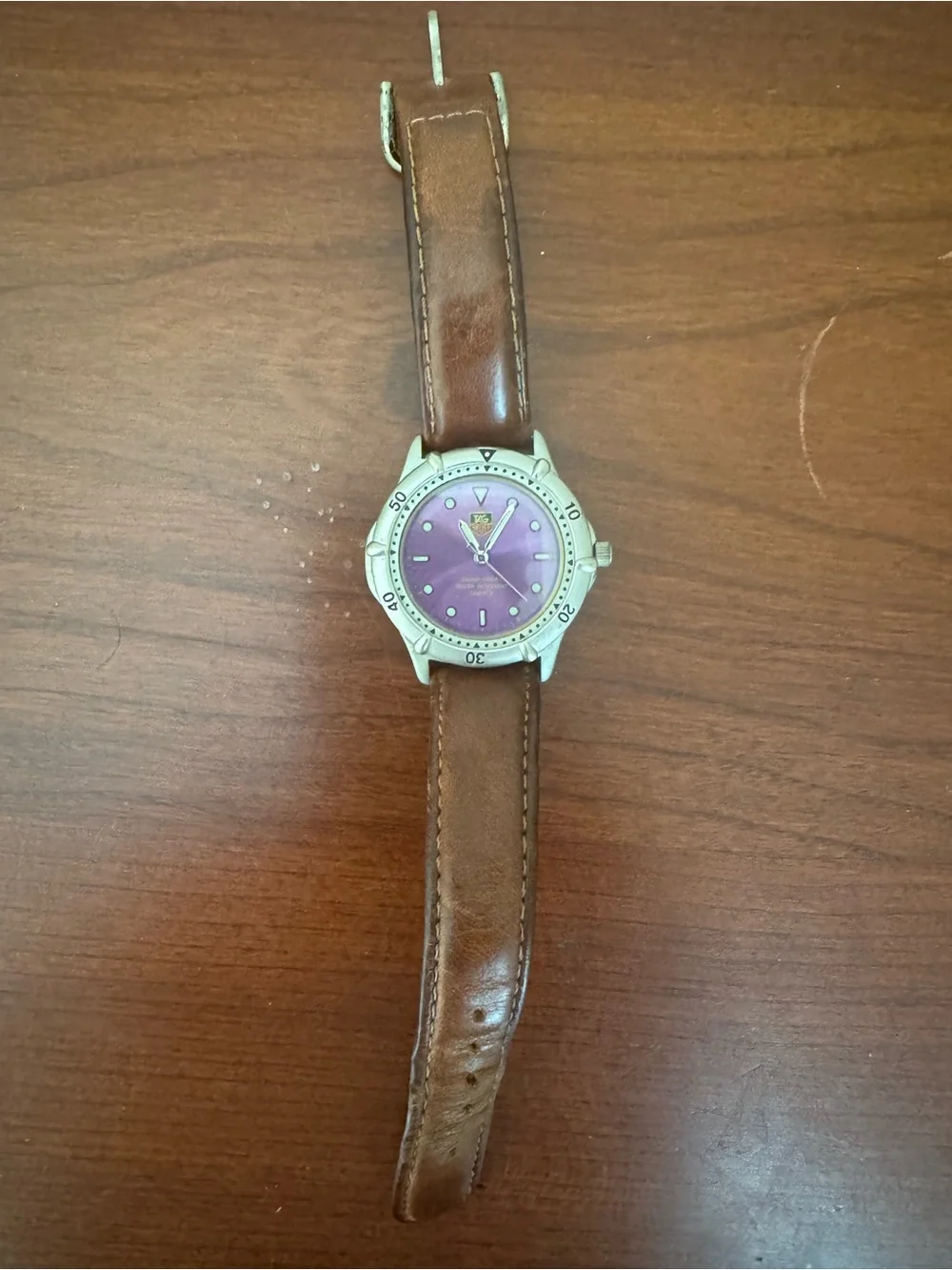 Vintage Tag Heuer Purple Dial Watch with Brown Leather Strap